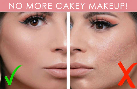 Close-up comparison of smooth makeup vs. cakey makeup on a woman's face.