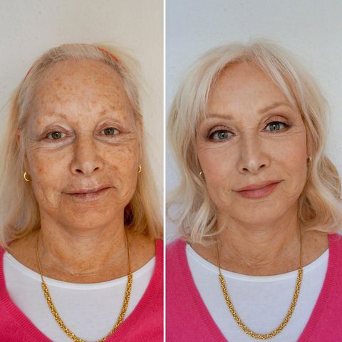 Side-by-side comparison of a woman's face before and after makeup application.