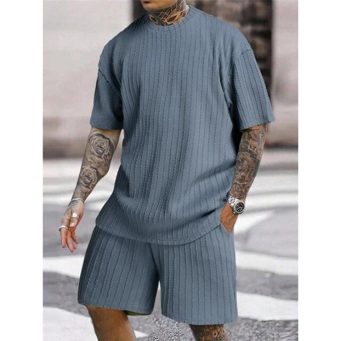 2 Piece Set Men's Essentials - Textured Tee & Adjustable Drawstring Shorts for All-Day Comfort