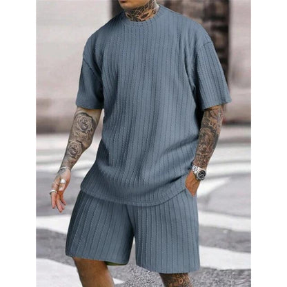 2 Piece Set Men's Essentials - Textured Tee & Adjustable Drawstring Shorts for All-Day Comfort