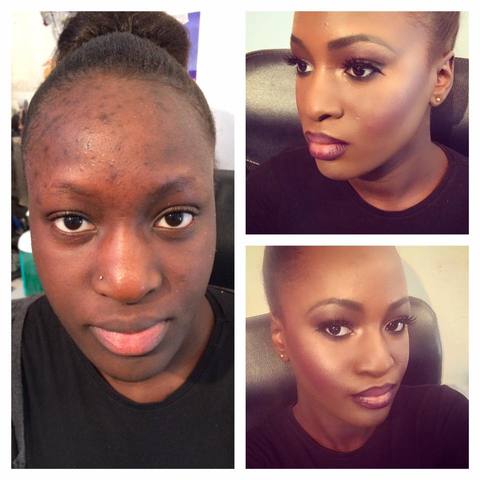 Before and after makeup transformation showing enhanced facial features with elegant makeup.