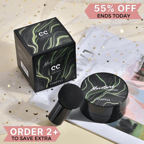 Cosmetic product display with discount offer and applicator brush on patterned background.
